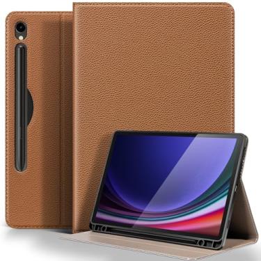 Imagem de XFYKJIN Capa de couro para Samsung Galaxy Tab S9/S9 FE de 11 polegadas com suporte para lápis, capa protetora à prova de choque ajustável inteligente premium flip para tablet, marrom