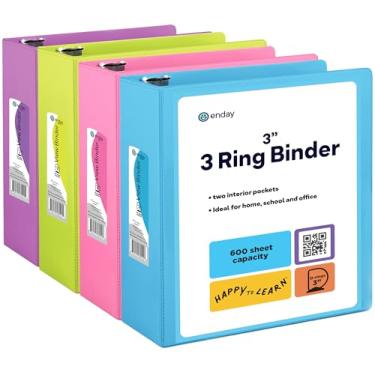 Imagem de Fichário de 7,62 cm, 3 argolas para fichários inclinados, anel D inclinado 7,62 cm, capa transparente com 2 bolsos internos, material escolar colorido resistente para escritório e casa rosa, azul, roxo, verde (pacote com 4) – da Enday