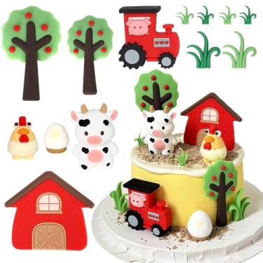 Imagem de Rsstarxi Conjunto de decoração de bolo de fazenda com ovo galinha vaca tema animal de fazenda decoração de bolo para chá de bebê crianças festa de aniversário decoração de bolo suprimentos