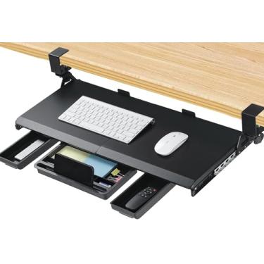Imagem de ETHU Bandeja de teclado embaixo da mesa, bandeja de teclado e mouse com grampo C, bandeja ergonômica para teclado de mesa deslizante, gaveta de plataforma removível para casa e escritório (preto)