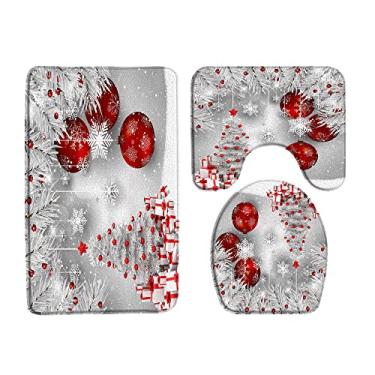 Imagem de ZKJSMGS Tapete de banho Merry Christmas árvore de Natal bola vermelha floco de neve galhos ramo de pinheiro festival de férias de inverno rústico conjuntos de tapetes de banho de 3 peças, tapete de banho de 45 cm x 75 cm, capa de assento de vaso sanitário, vaso sanitário em forma de U