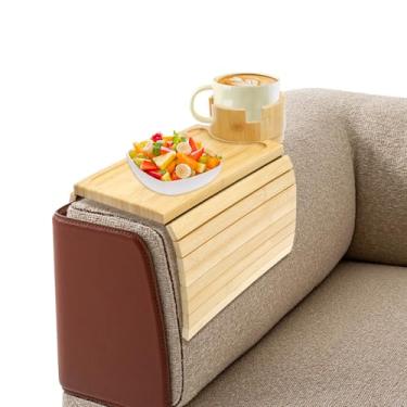 Imagem de Suporte de copo de sofá 3 em 1 de bambu bandeja deslizante para descanso de braço de sofá com suporte de copo removível giratório de 360° dobrável para lanche