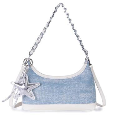 Imagem de iSamzan Bolsa jeans Hobo para mulheres: Bolsa tiracolo azul vintage brilhante - Bolsa pequena de 23,9 cm para compras, viagens e festas, Azul claro