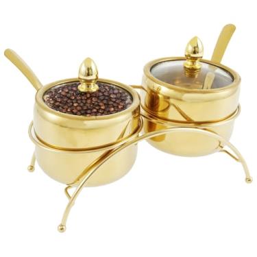 Imagem de LYIYEYAN Conjunto de açucareiro de aço inoxidável com suporte de tampa de vidro transparente, caixa de tempero com colher, potes de condimentos, recipiente reutilizável para temperos, recipiente de