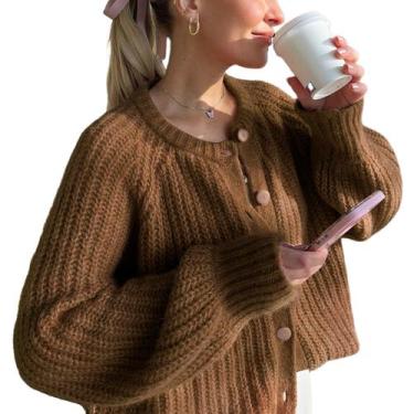 Imagem de Suéter de cardigã feminino Wyeysyt com botões, de malha grossa, marrom