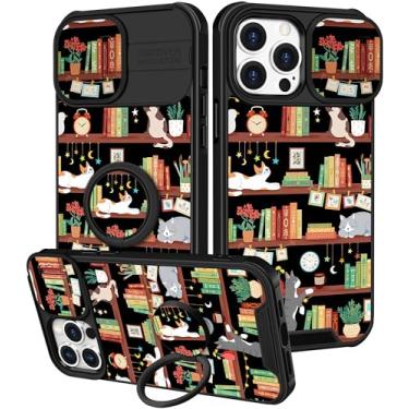 Imagem de Funermei Capa para iPhone 14 Pro Max - Capa de telefone feminina bonita estética gato e livros design exclusivo com capa de câmera e suporte de anel Funda para Apple 14 Pro Max