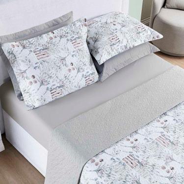 Imagem de Kit Cobre Leito Colcha Maris Queen Estampado Dupla Face Percalle 200 Fios 3 Peças Protea Cinza