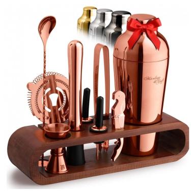 Imagem de Mixology Kit Bn Profissional 10 Peças em Aço Inoxidável com Suporte de Madeira, Rose Gold