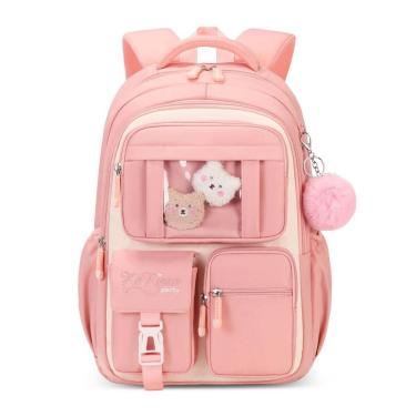 Imagem de Mochila escolar infantil SPORTBANG kawaii 3 peças, grande capacidade, com estojo transparente e chaveiro de pompom, bege e rosa