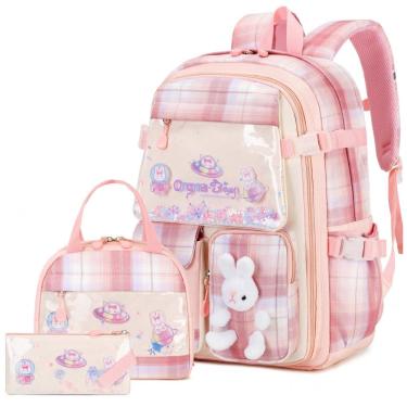 Imagem de Mochila escolar infantil FIXITOK coelho kawaii 3 peças, com lancheira térmica e estojo, nylon impermeável, rosa xadrez