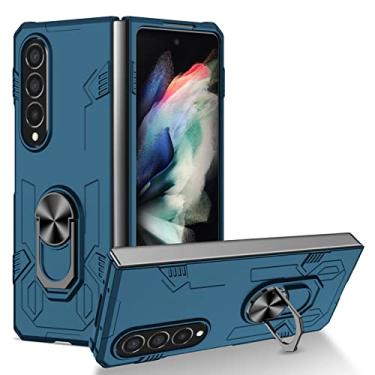 Imagem de zhouye Capa à prova de choque para Samsung Galaxy Z Fold 4 2022, capa de telefone de proteção contra quedas de grau militar, anel giratório 360 suporte magnético anti-impressão digital resistente a arranhões, azul
