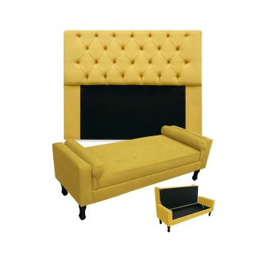 Imagem de Kit Cabeceira Estofada Mirage E Recamier Baú Fenix Queen 160 cm Suede Amarelo - LM DECOR