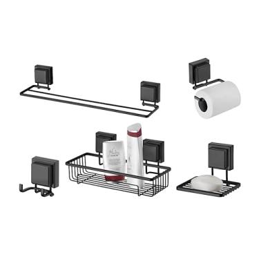 Imagem de kit banheiro preto fosco ventosa 05 peças Future porta toalha duplo, cabide gancho, papeleira, porta shampoo, saboneteira