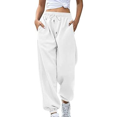 Imagem de Tawop Calça de moletom lisa para mulheres 2023 com cordão cintura elástica calça atlética calça justa calça larga Y2K, Branco, M