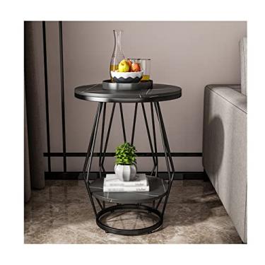 Imagem de Mesa lateral redonda moldura de metal pesado pequena mesa de centro escritório sala de estar sofá mesa de canto quarto mesa de cabeceira criativa 2 camadas mesa de canto de ardósia mesa de centro para sala de estar (cor: 1)