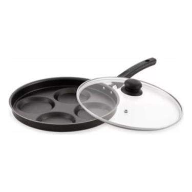 Imagem de Frigideira Teflon Antiaderente 4 Divisórias P/Ovo e Hambúrguer Preta com Tampa de Vidro