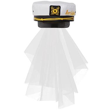 Imagem de Abaodam Chapéu de capitão de noiva com véu chapéu branco de iate de casamento acessórios de cabelo náutico fantasia cosplay para mulheres meninas Halloween despedida de solteira praia barco decoração