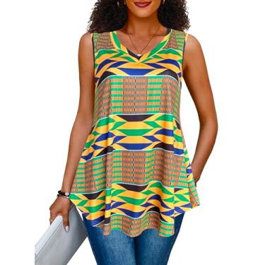 Imagem de Afibi Camiseta feminina de verão, sem mangas, gola V, caimento solto, estilo túnica Dashiki africana, Dourado, GG