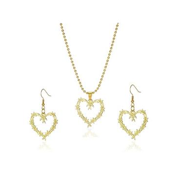Imagem de rgwtgkyh Brincos de coração de arame farpado gótico para mulheres ouro prata estilo punk espinho grande coração colar de malha de metal brincos pendentes para meninas conjunto de joias de Halloween presentes, Plástico, Sem Pedra Preciosa