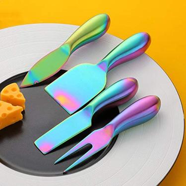 Imagem de Conjunto de facas de queijo de aço inoxidável, 4 peças, facas de queijo de aço inoxidável, cortador de queijo, fatiador de queijo, garfo de queijo-prata/726 (Color : Rainbow Color)