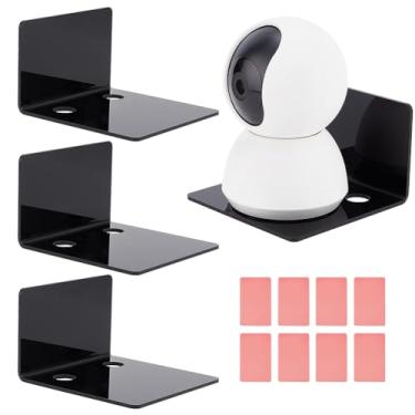 Imagem de PH PandaHall Pacote com 4 prateleiras de parede de acrílico, mini prateleiras flutuantes de 10 cm, prateleiras adesivas para pendurar pequenas bordas pretas com adesivos para câmeras de segurança,