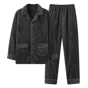 Imagem de Conjunto de pijama masculino de flanela com bolsos quadrados, conjunto de pijama de 2 peças com colarinho aberto, Cinza, XXG