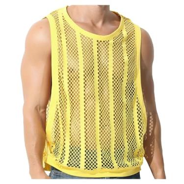 Imagem de Camiseta regata masculina de malha de ajuste muscular, vazada, transparente, sexy, cor lisa, sem mangas, Amarelo, XG