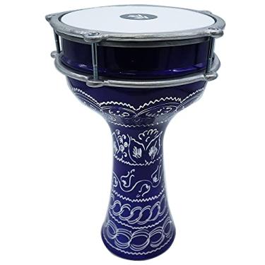 Imagem de ZAZA Percussion Darbuka de alumínio de 40,6 cm de comprimento, cabeça sintética ajustável de 20 cm (gravação escura-azul)