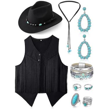 Imagem de Suhine Pacote com 9 roupas ocidentais para mulheres, colete de cowgirl, boho, chapéu de caubói, kit de joias para cosplay de Halloween, Preto, Large