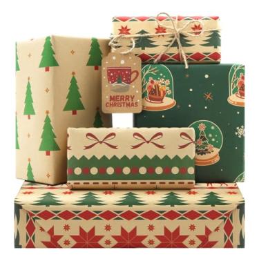Imagem de Papel de embrulho de Natal Kraft, 4 folhas de papel de embrulho de Feliz Natal em 4 designs + 8 etiquetas de presente + 1 corda para embrulho de presente, papel marrom reciclável com árvore de Natal