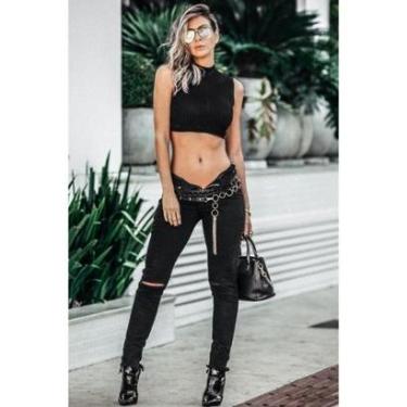 Imagem de Calça Feminina Skinny Sarja Preta Cós Alto Belize Sem Bainha-Feminino