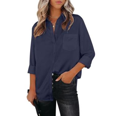 Imagem de Aoudery Camisas femininas de botão, manga comprida, gola sem rugas, gola V, trabalho, escritório, túnica de chiffon, Azul marinho, XXG