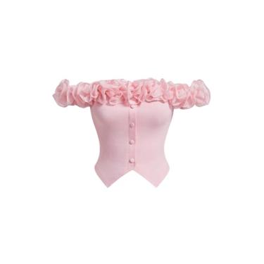 Imagem de SHENHE Camiseta feminina assimétrica assimétrica com ombros de fora e ombros de fora, rosa, P
