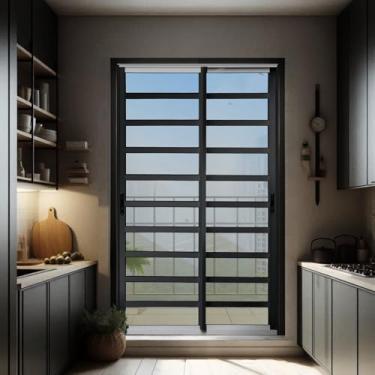 Imagem de Porta de Correr com Travessas 2 Folhas Moveis 210 X 200 Elite com Fecho Automático Vidro Reflex Mix Preto