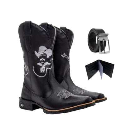 Imagem de Kit Bota Texana Masculina Couro Country Casual Campo Preta Peão com Carteira e Cinto Tamanho:44;Cor:Preto;Gênero:Masculi