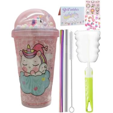 Imagem de seelucky Copo de viagem de unicórnio com canudo brilhante copo de gelo freezer caneca copo de plástico piquenique festa presente de aniversário (sereia unicórnio rosa 1, 450 ml)