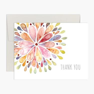 Imagem de Cartões de agradecimento explosão de flores em aquarela (conjunto de 10 cartões premium em branco com envelopes verdes sálvia incluídos) - Conjunto de cartões de felicitações para todas as ocasiões - Feito com orgulho nos EUA pela Palmer Street Press