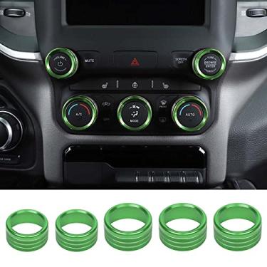 Imagem de RT-TCZ Controle central Rádio AC Tampa do botão do interruptor do botão do botão da tampa do interruptor do botão do anel de guarnição de liga de alumínio acessórios interiores para Dodge RAM 2018-2022 5 peças, verde