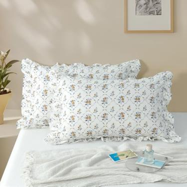 Imagem de Pacote com 2 capas de almofada floral com babados 35,5 x 50,8 cm, fronhas pequenas de microfibra, amarela, cinza, floral, macio, respirável e não encolhe, fronhas estampadas