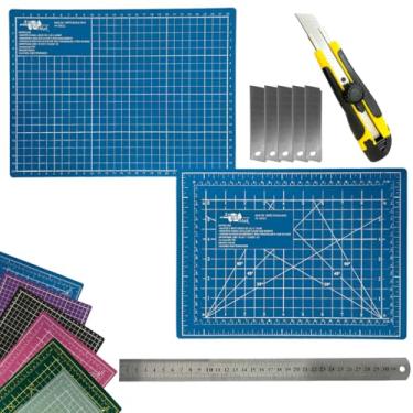 Imagem de Kit Base de Corte Dupla Face Multiuso Auto Regenerativa A4 30cm x 22cm Regua Metal 30cm Estilete Profissional Laminas Reservas (Azul)