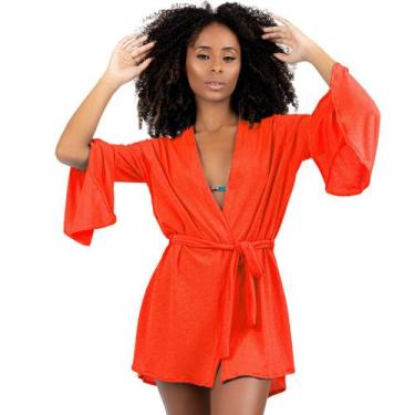 Imagem de Chemise Saída De Praia Kimono Manga Godê Com Cinto Ajustável Estilo Ve