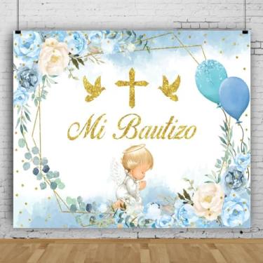 Imagem de Lexfvpoo Pano de fundo batismo Mi Bautizo 3 x 2,4 m Primeira Comunhão Decorações de batizado Flor Azul Bonito Anjo Deus Abençoe Fundo para Menino Vinil Mi Primera Comunion Banner Foto Sessão Adereços