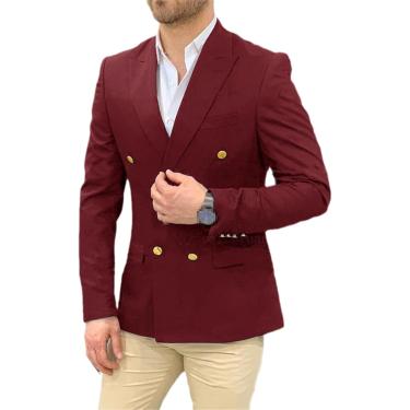 Imagem de Blazer de casamento azul marinho masculino, terno de cavalheiro, botões dourados, casual, slim fit, casaco de negócios duplo breasted, borgonha, l