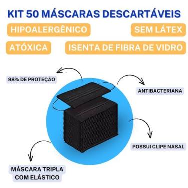 Imagem de Kit 50 Máscaras Tripla Proteção Antibactéria + 100 Luvas Pretas Nitríl