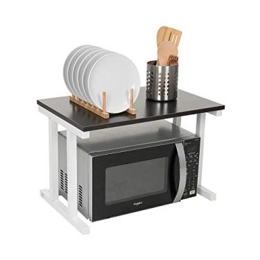 Imagem de Prateleira de madeira para armazenamento de dois níveis, prateleira para forno de micro-ondas, prateleira de balcão de cozinha, organizador de economia de espaço na cozinha, prateleira para impressoras na mesa - preta