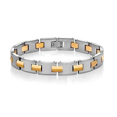 Imagem de MZL JEWELRY Pulseira masculina de tungstênio H Link - NOVA prata polida brilhante com elos conectores dourados, One Size ( Adjustable), Carboneto de tungstênio, Sem Pedra Preciosa