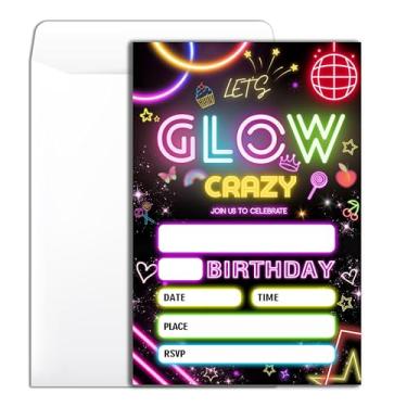 Imagem de Convite de festa de aniversário Let's Glow Crazy 20 Retro Neon Theme Party Birthday Convite com envelopes para mulheres, homens, meninos, meninas, cartões de convite de festa -4 × 6 polegadas -B008