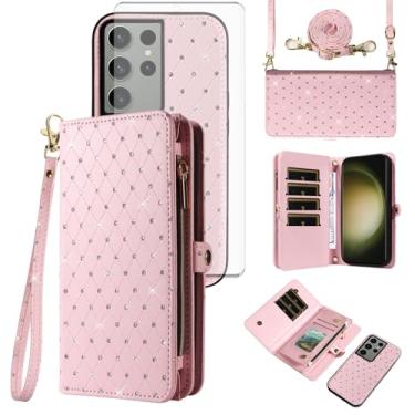 Imagem de Asuwish Capa de celular para Samsung Galaxy S23 Ultra 5G com zíper carteira de celular com alça protetora de tela de vidro temperado com glitter flip compartimento para cartão S23Ultra 23S S 23