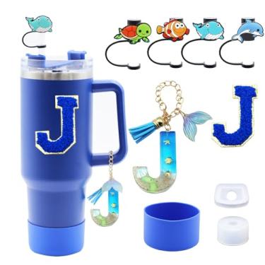 Imagem de Liangang Conjunto de acessórios de copo Stanley azul oceano, 9 peças, incluindo bota, tampa à prova de derramamento, 4 peças de capa de canudo de animais, pingente de alça de iniciais e carta adesiva