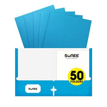 Imagem de SUNEE Pastas com bolsos perfuradas com 3 furos (pacote com 50, azul), 2 pastas de bolso para papel tamanho carta, pasta de arquivo de papel para escola, escritório, casa, negócios